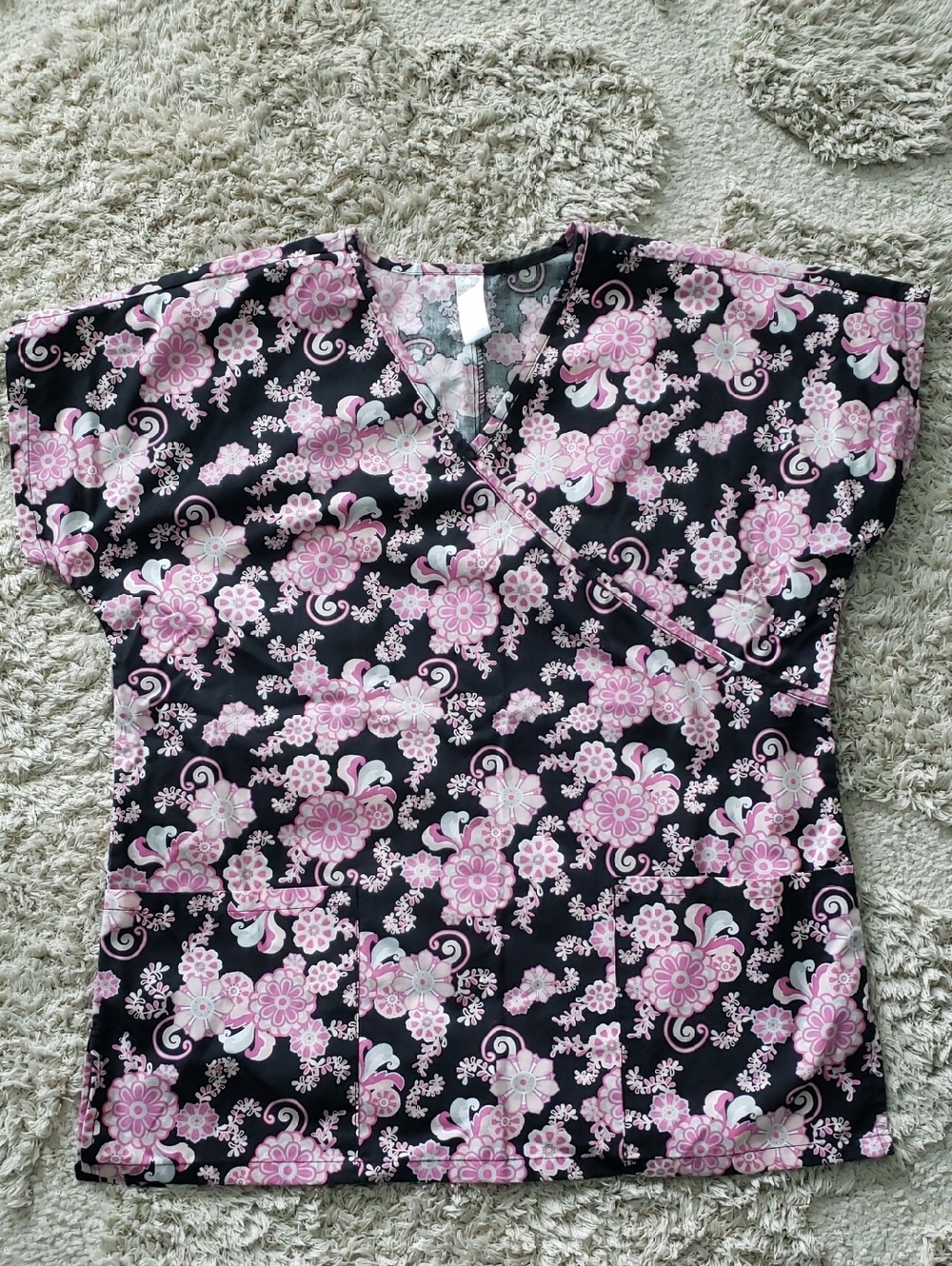 Black Scrub Top with Pink Floral Print